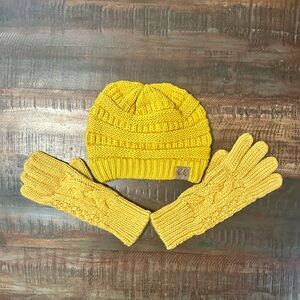 Mustard Yellow Knit Beanie and Gloves Set